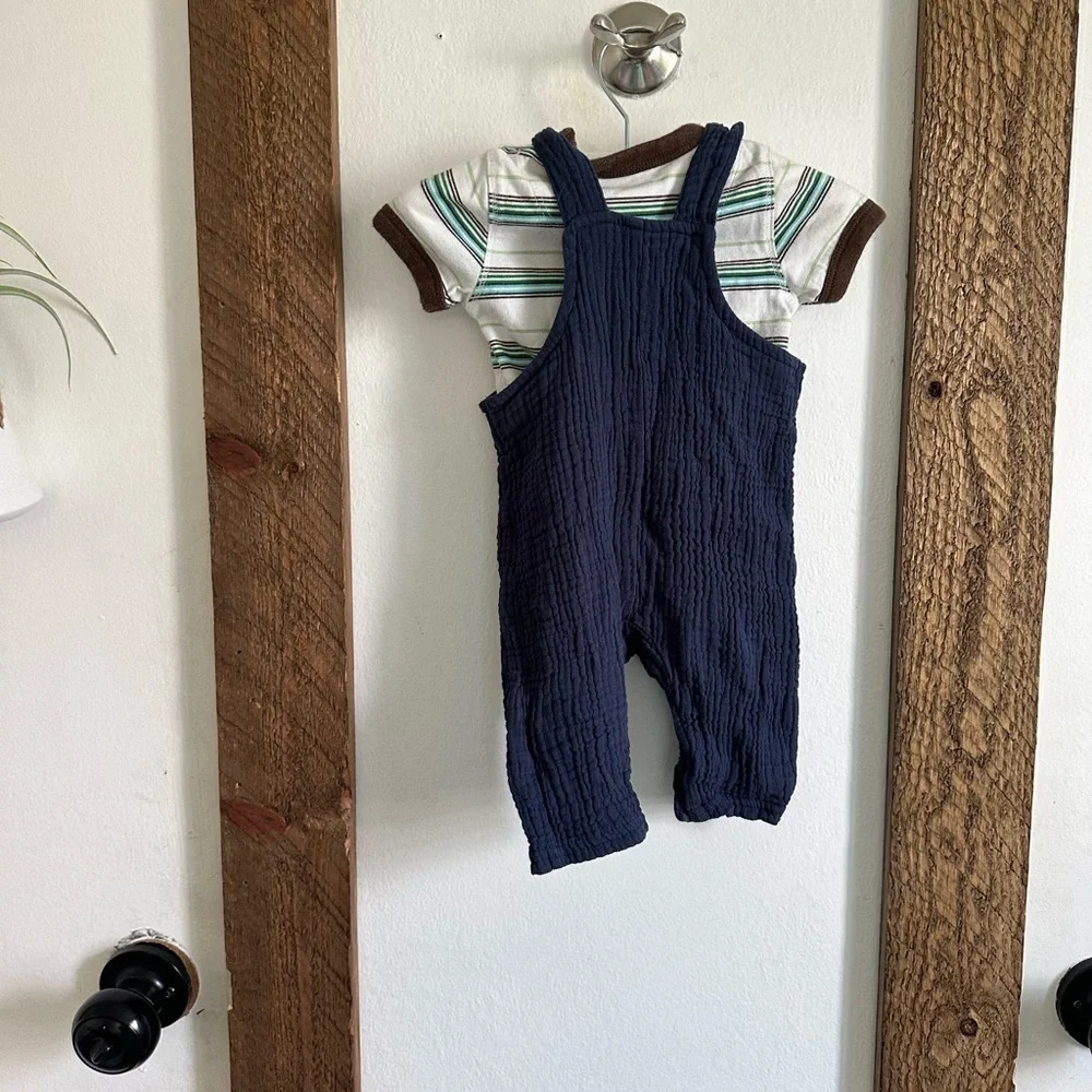 Vintage GAP Stripe Bodysuit & Chick Pea Overalls Baby Boy Matching Outfit 0-3 M